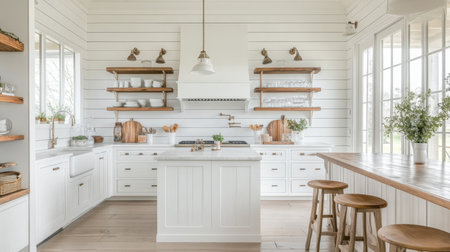 A modern farmhouse kitchen with white cabinets and wood shelvesの素材