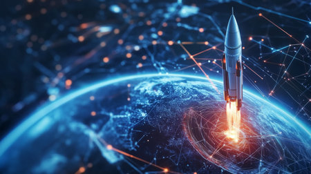Rocket launching from Earth with bright flames and digital connections in the backgroundの素材