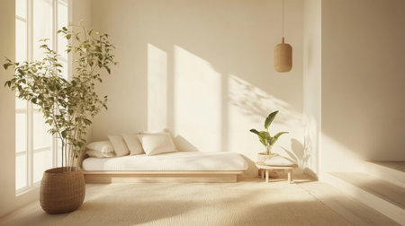 Serene minimalist room with natural light and greenery in a modern home settingの素材
