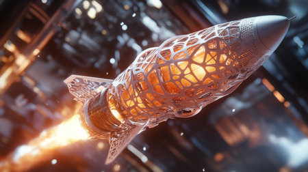 A futuristic rocket launching into space with intricate design and vibrant flames at nightの素材