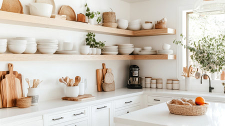 Bright and airy kitchen with open shelves showcasing minimalist decor and wooden accentsの素材