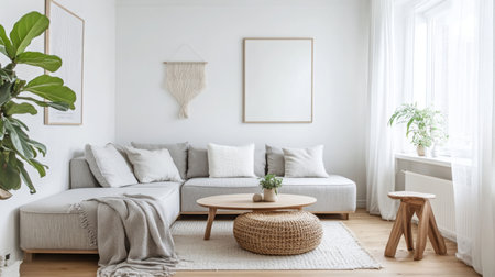 A white living room with a gray sectional sofa, a wooden coffee table, and a woven ottomanの素材