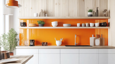 A modern kitchen with orange backsplash and wooden shelvesの素材