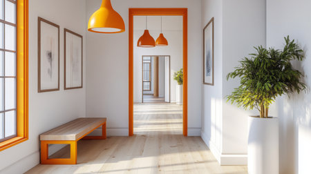 Bright and airy hallway with wooden bench and vibrant orange accents in modern designの素材