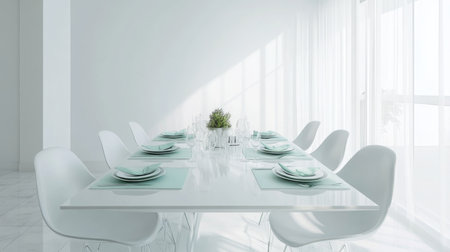 Modern dining room with white decor and elegant table settings in bright natural lightの素材