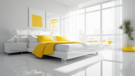 A bright white bedroom with yellow accents, featuring a large bed and a view of the cityの素材