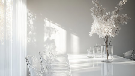 Bright and airy dining area with transparent chairs and a floral centerpieceの素材