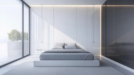 Modern minimalist bedroom design featuring large windows and neutral tonesの素材