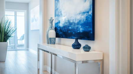 Stylish hallway decor featuring blue vases and artwork in a modern interior spaceの素材