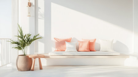 A tranquil corner with a cozy bench and potted plant bathed in morning sunlightの素材
