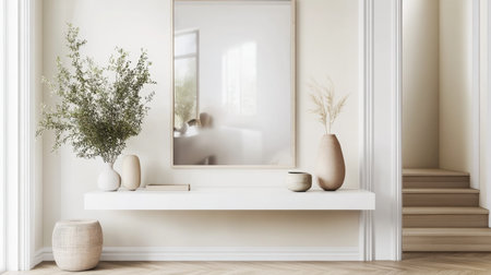 Contemporary indoor decor with minimalist elements and natural light in a modern spaceの素材
