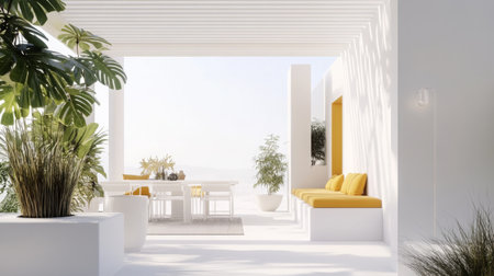 A modern, white patio with yellow cushions and plantsの素材
