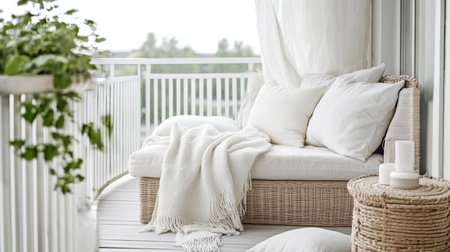 Cozy balcony with white cushions and a soft blanket perfect for relaxing on a cloudy dayの素材