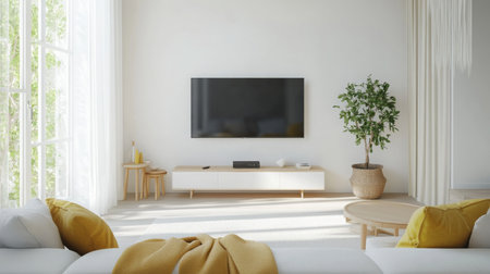 Modern living room interior with television and natural light during daytimeの素材