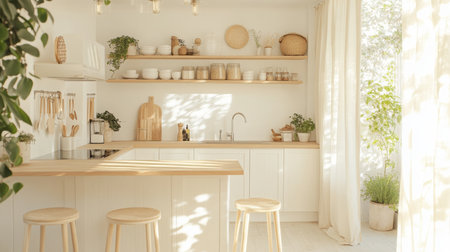Sunlight streams through white curtains in a bright, airy kitchenの素材