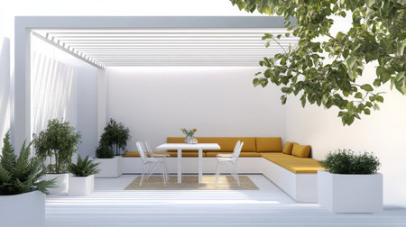 Contemporary outdoor seating area with plants and natural light in a minimalist designの素材