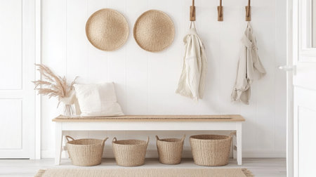 Stylish entryway with woven baskets and wall decor in a modern home interiorの素材