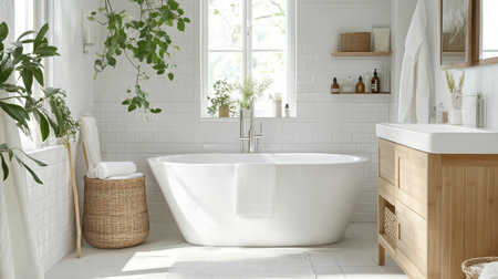 Modern bathroom interior featuring a freestanding tub and greenery in a sunlit spaceの素材