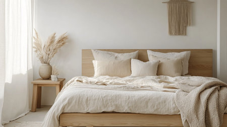 A cozy bedroom with a white linen bed, fluffy pillows, and a wooden headboardの素材