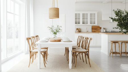 A spacious dining area showcases a white table surrounded by elegant wooden chairsの素材