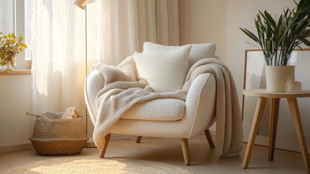 A cozy armchair with a throw blanket and pillow sits by a windowの素材