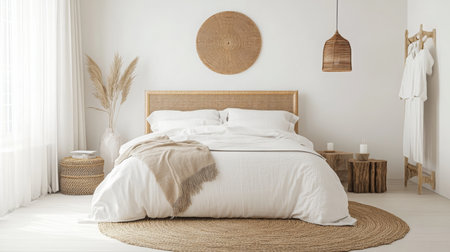 A white bed with a woven headboard and a natural fiber rug sits in a bright bedroomの素材