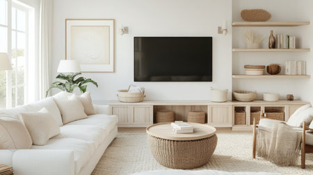 A modern living room with a large, white couch and a wicker coffee tableの素材