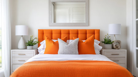 Bright orange accent bed in modern bedroom with stylish decor and natural lightの素材