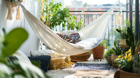 Cozy balcony with a hammock, plants and decorative cushions for relaxing afternoon retreatの素材