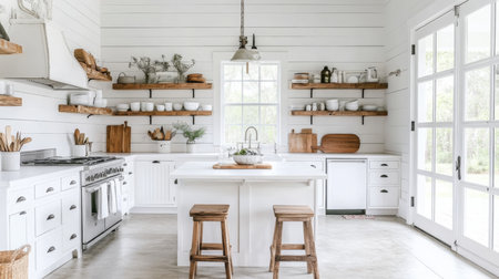 Bright and airy modern kitchen with wooden shelves and rustic charm in serene home settingの素材