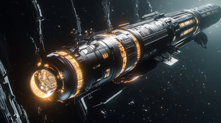 A futuristic spaceship travels through the vast expanse of spaceの素材