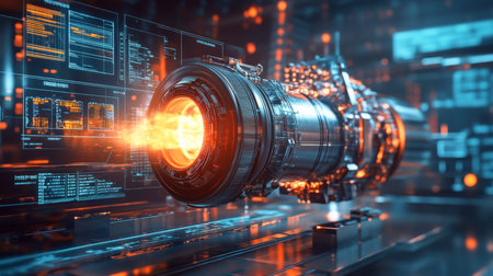 Futuristic engine design with glowing elements and data displays in high-tech environmentの素材
