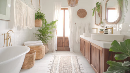 Bright and airy modern bathroom with plants, natural materials, and elegant decor detailsの素材