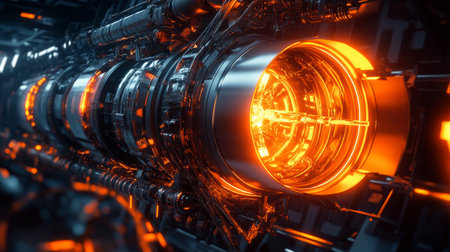 Futuristic energy generator glowing with orange lights in a high-tech laboratory settingの素材