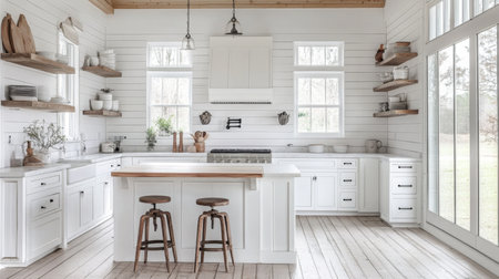 A modern farmhouse kitchen with white cabinets, wood shelves, and a large islandの素材