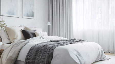 Stylishly arranged modern bedroom with soft neutral colors and natural lightの素材