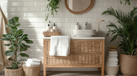 A modern bathroom vanity with a wicker countertop and white subway tile wallsの素材