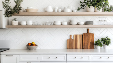 A modern kitchen with white cabinets and a herringbone tile backsplashの素材