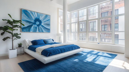 A modern bedroom with a blue rug and a large window overlooking the cityの素材