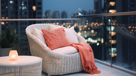 Cozy balcony seating area with plush chair and softly glowing candle during twilight hoursの素材