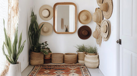 Stylish entryway featuring woven hats and plants in a bright, inviting spaceの素材