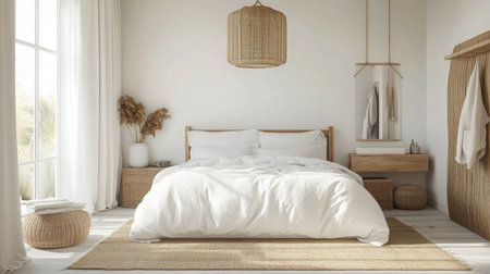 Cozy and minimalist bedroom with neutral decor and natural elements in bright daylightの素材