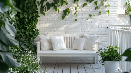 Cozy white bench surrounded by greenery in a serene outdoor setting during daylightの素材
