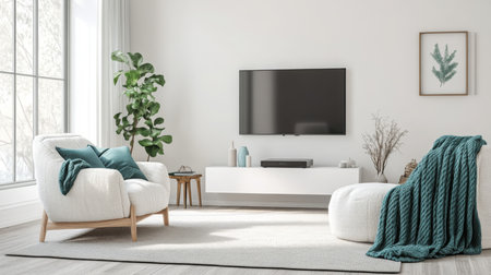 Cozy living room with modern furniture and plants bathed in natural light during the dayの素材