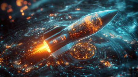 Futuristic rocket launch escaping a digital vortex in a high-tech celestial environmentの素材