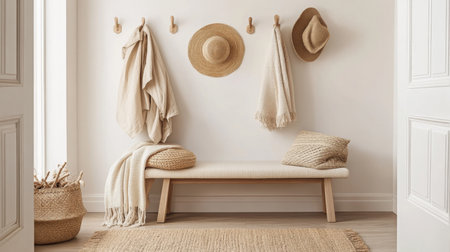 Cozy entryway featuring a minimalist bench with natural accents in a well-lit spaceの素材