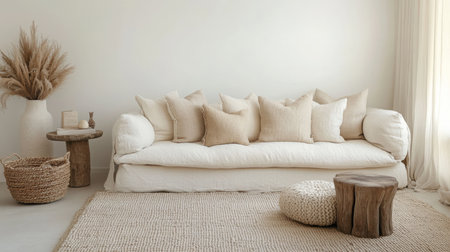 Cozy living room with neutral tones featuring textured cushions and natural decor elementsの素材