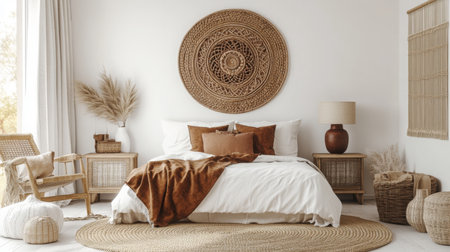 Cozy minimalistic bedroom with natural decor and warm tones during daytimeの素材