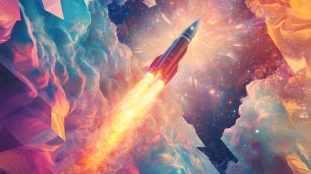 A bright rocket ascends through colorful nebulae and cosmic clouds in deep spaceの素材