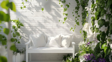 A serene white bench surrounded by lush green plants in a sunlit indoor garden settingの素材